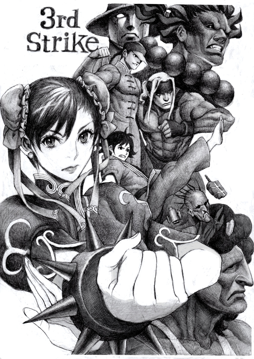 chun-li, gouki, highres, hugo, hugo_(street_fighter), makoto, monochrome, nobita