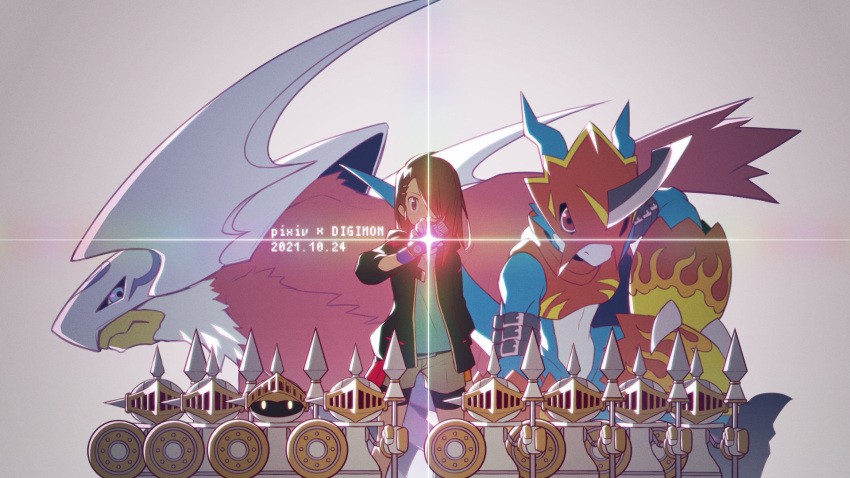 1other, armor, beak, bird, black_jacket, blue_skin, brown_hair, colored_skin