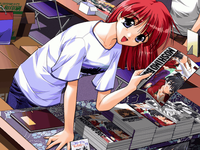 1girl, :d, bending, blue_eyes, book, book_stack, box, convention