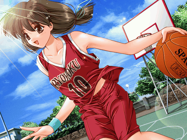 1girl, :d, armband, ball, basketball, basketball_(object), basketball_court, basketball_hoop