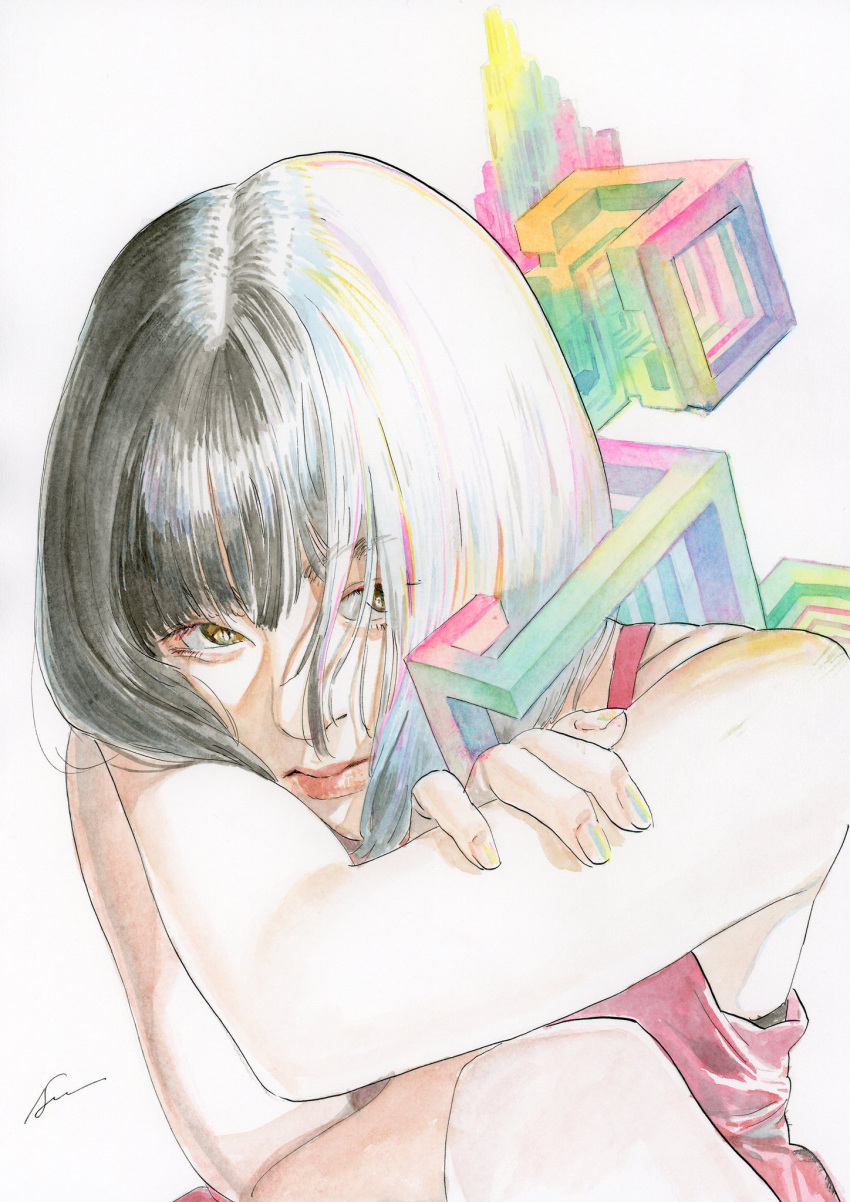 1girl, brown_eyes, cube, geometry, highres, holographic_hair, katou_souichirou, looking_to_the_side