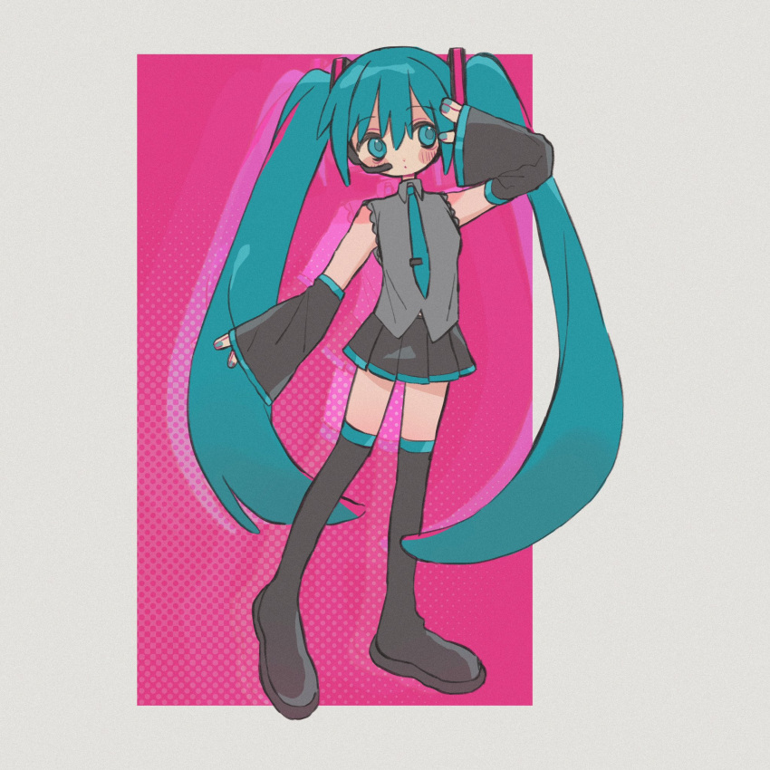 1girl, aqua_eyes, aqua_hair, aqua_nails, aqua_necktie, black_skirt, black_sleeves, boots