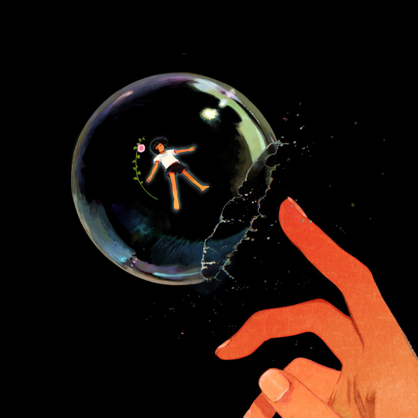 1girl, 1other, barefoot, black_background, black_hair, black_shorts, bubble, closed_eyes