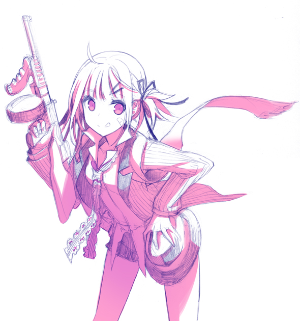 1girl, :p, bandaid, fedora, gun, h2so4, hair_ornament, hair_ribbon
