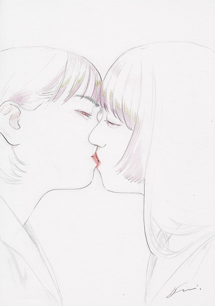 2girls, asian, couple, half-closed_eyes, hime_cut, katou_souichirou, kiss, long_hair, multiple_girls, original, pink_lips, portrait, profile, realistic, red_eyes, short_hair, signature, traditional_media, yuri