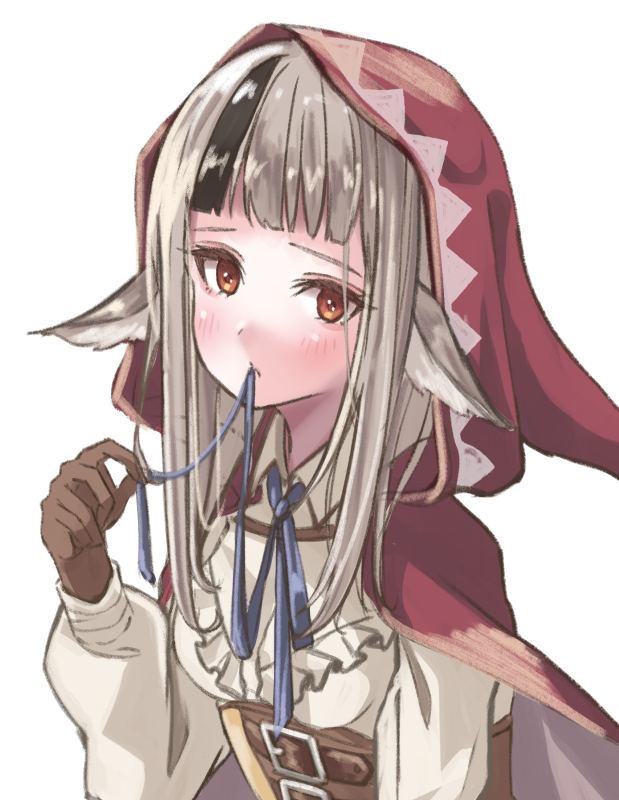 1girl, animal_ears, black_hair, blue_ribbon, breasts, brown_corset, brown_gloves, cape