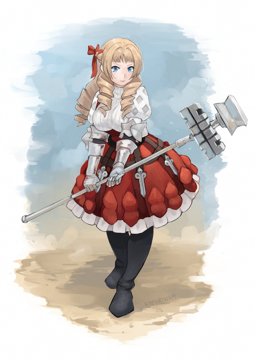 1girl, absurdres, black_footwear, blonde_hair, blue_eyes, drill_hair, full_body, highres