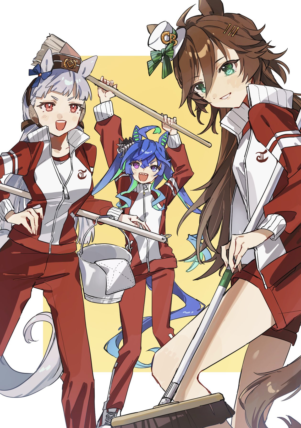 3girls, @_@, ahoge, animal_ears, aqua_hair, arms_up, blue_eyes, blue_hair
