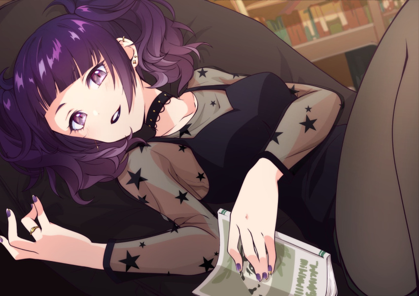 1girl, black_lips, black_pantyhose, book, bookshelf, choker, diagonal_bangs, earrings
