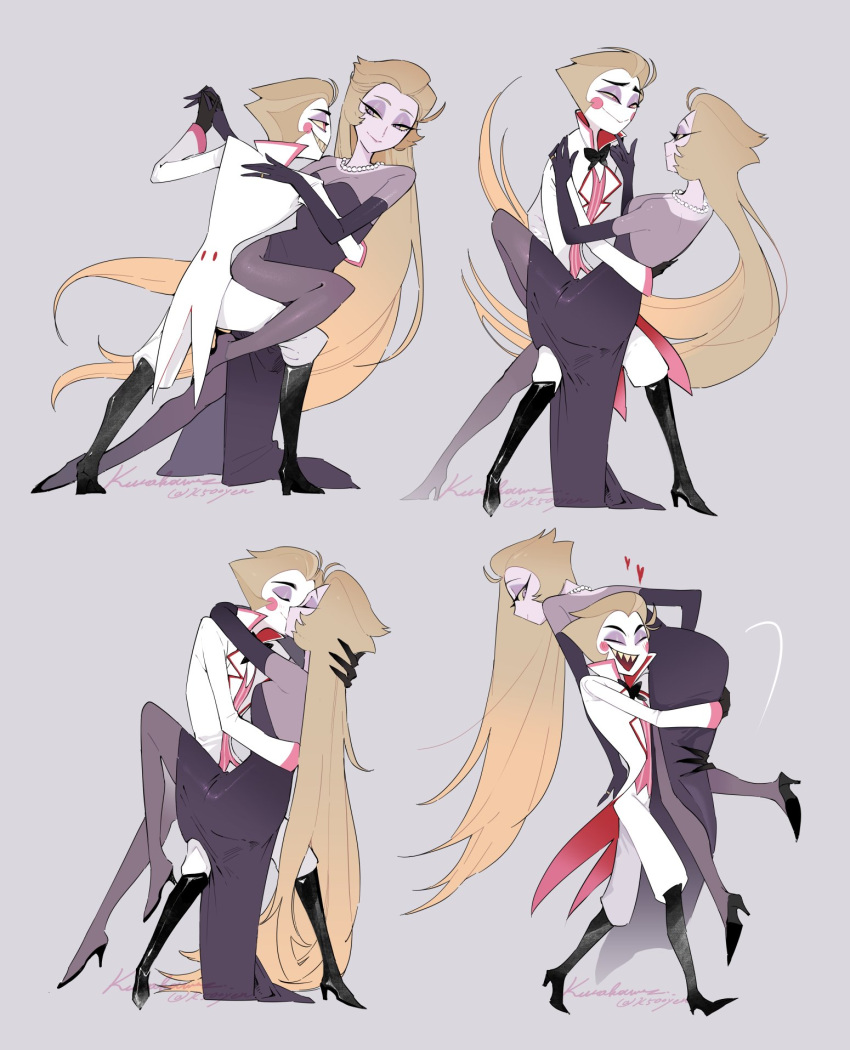 1boy, 1girl, blonde_hair, couple, dancing, demon_boy, demon_girl, dress