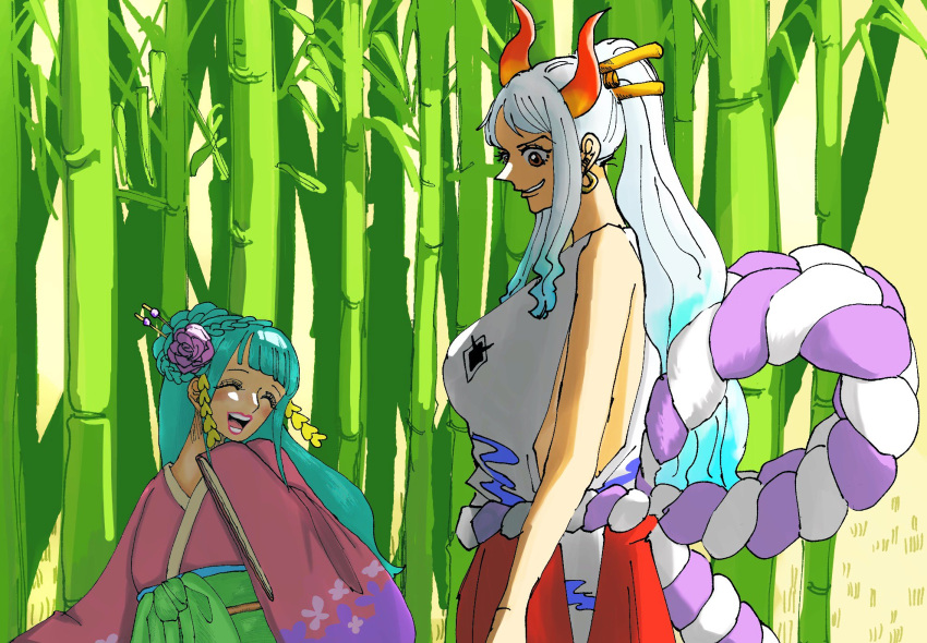 2girls, ^_^, aqua_hair, bamboo, bamboo_forest, blunt_bangs, closed_eyes, commentary_request