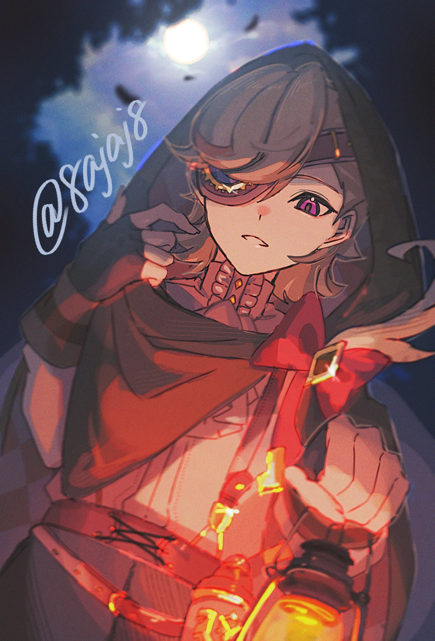 1boy, 8ajaj8, adjusting_hood, artist_name, ascot, black_gloves, bow, cowboy_shot, dutch_angle, eyepatch, fingerless_gloves, genshin_impact, gloves, hand_up, highres, holding, holding_lantern, hood, hood_up, lantern, looking_down, lyney_(genshin_impact), lyney_(marechaussee_hunter)_(genshin_impact), male_focus, medium_hair, moonlight, official_alternate_costume, oil_lamp, overalls, parted_lips, red_bow, shirt, solo, steampunk, violet_eyes, white_shirt