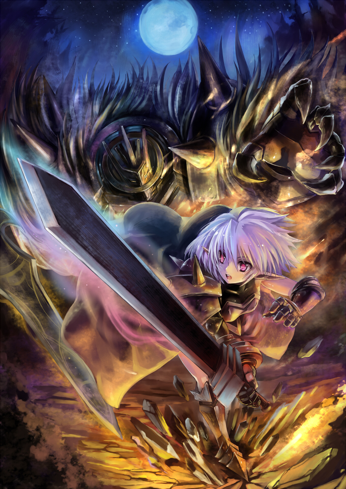 artemisia_(pixiv_fantasia), battle, breastplate, cape, edobox, elf, full_armor, full_moon