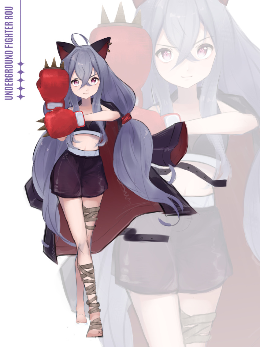 1girl, ahoge, animal_ears, bandaged_leg, bandages, black_bra, black_jacket, black_shorts, boxers, boxing_gloves, bra, brown_dust_2, cat_ears, character_name, closed_mouth, czenithia, flat_chest, full_body, gloves, grey_hair, grin, hair_between_eyes, highres, jacket, jacket_on_shoulders, long_hair, looking_at_viewer, male_underwear, midriff, multiple_views, rou_(brown_dust), shorts, simple_background, sketch, smile, spiked_gloves, sports_bra, underwear, very_long_hair, violet_eyes, white_background