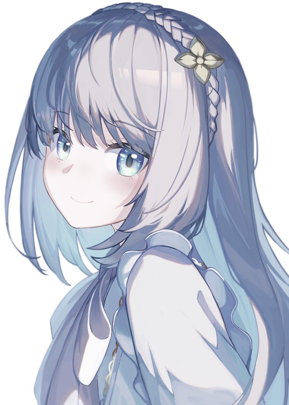 1girl, blue_eyes, bow, bowtie, braid, commentary, crown_braid, flower