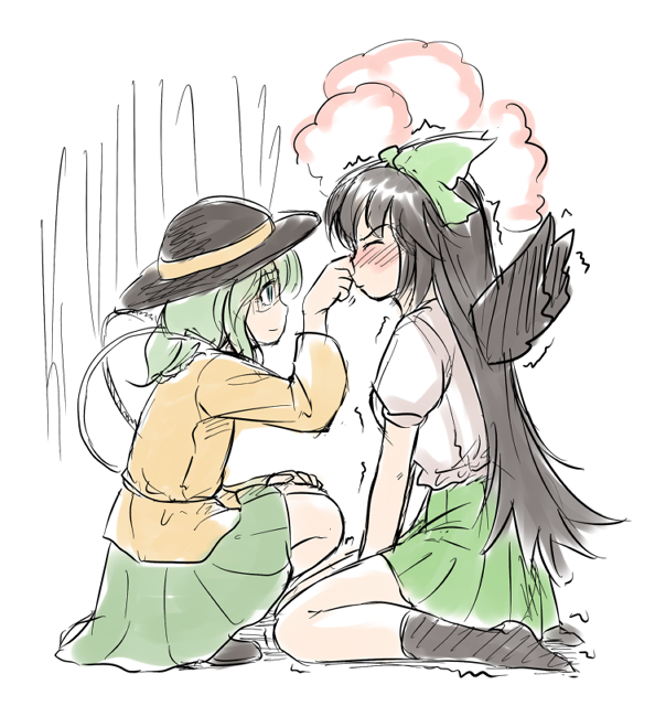 blush, fechirin, komeiji_koishi, multiple_girls, nose_pinch, profile, reiuji_utsuho, rough, sitting, sneezing, squatting, touhou, trembling, wariza, wings