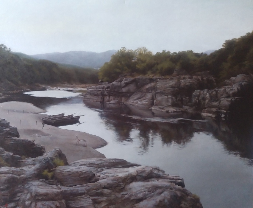 boat, bush, foliage, highres, kayak, no_humans, original, painting_(medium)