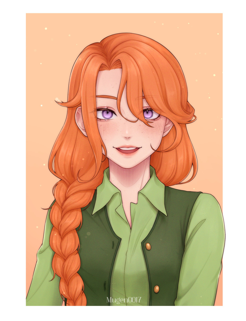 1girl, absurdres, border, braid, braided_ponytail, buttons, collared_shirt, commentary
