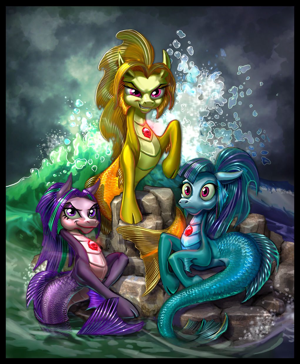 adagio_dazzle, aria_blaze, gem, harwicks-art, highres, long_hair, looking_at_viewer, multicolored_hair, my_little_pony, ocean, pink_eyes, red_gemstone, rock, scales, siren_(mythology), sonata_dusk, two-tone_hair, violet_eyes, waves