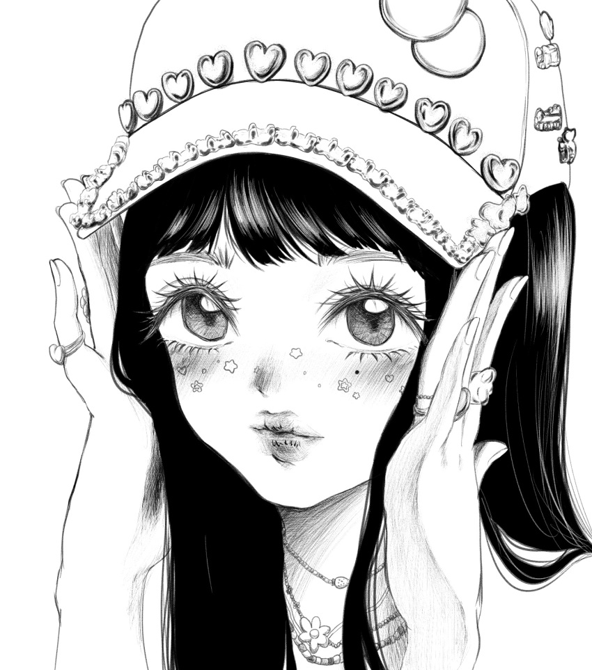 1girl, animification, baseball_cap, blush, expressionless, greyscale, hands_on_headwear, hat