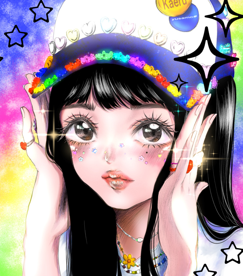 1girl, animification, baseball_cap, black_eyes, black_hat, blush, expressionless, hands_on_headwear