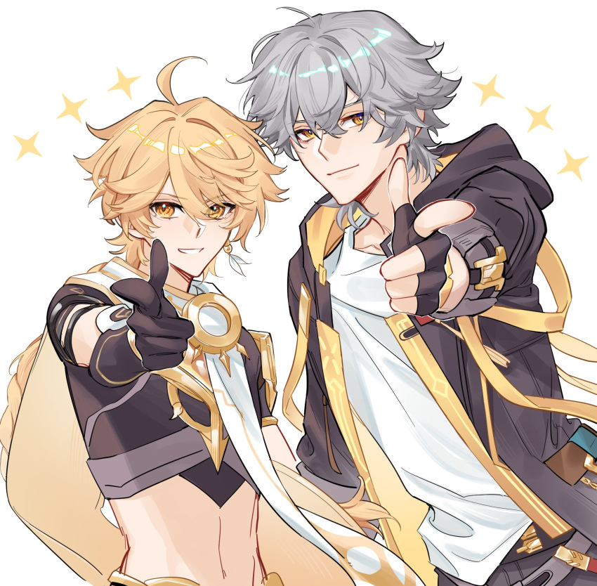 2boys, aether_(genshin_impact), ahoge, an_junjyue, arm_armor, arm_up, armor, belt, black_belt, black_gloves, black_jacket, black_shirt, blonde_hair, braid, caelus_(honkai:_star_rail), cape, closed_mouth, collarbone, company_connection, crossover, earrings, fingerless_gloves, genshin_impact, gloves, gold_trim, grey_hair, grey_pants, hair_between_eyes, highres, honkai:_star_rail, honkai_(series), hood, hooded_jacket, index_finger_raised, jacket, jewelry, lapels, long_hair, long_sleeves, looking_at_viewer, male_focus, midriff, mihoyo, multiple_boys, navel, open_clothes, open_jacket, pants, qjinjiu, scarf, shirt, short_hair, short_sleeves, shoulder_armor, simple_background, single_earring, smile, standing, star_(symbol), t-shirt, teeth, trailblazer_(honkai:_star_rail), two-sided_fabric, two-sided_jacket, white_background, white_scarf, white_shirt, yellow_cape, yellow_eyes, yellow_jacket