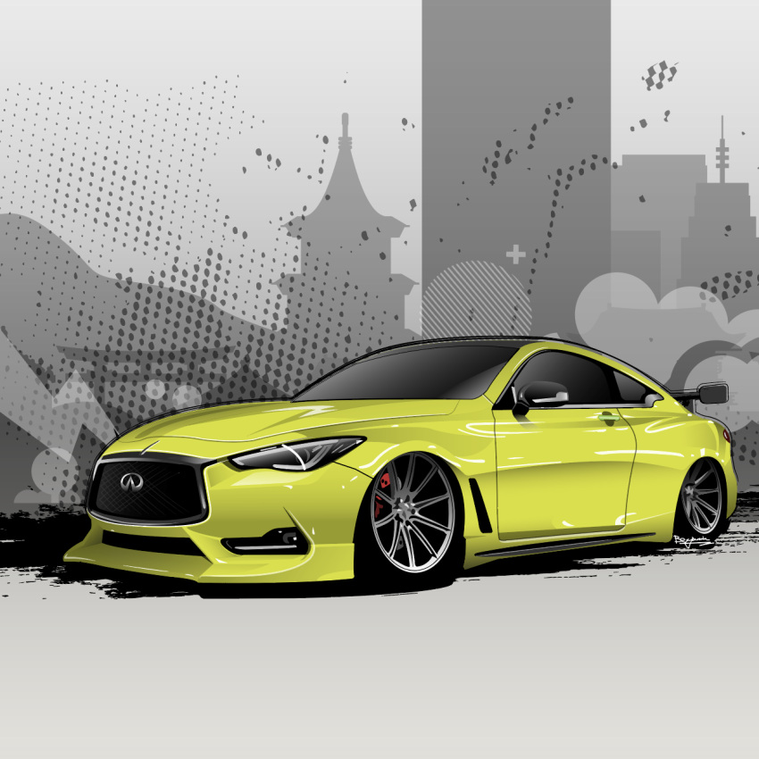 benjamin_(user_scjv3278), car, from_side, highres, infiniti_(company), infiniti_q60, motor_vehicle, no_humans, original, shadow, spoiler_(automobile), sports_car, stance_(vehicle), vehicle_focus, yellow_car