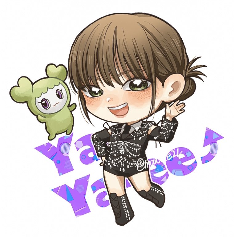 1girl, animification, black_footwear, black_jacket, black_necktie, black_shorts, boots, brown_eyes, brown_hair, chibi, collared_shirt, creature, english_commentary, hair_behind_ear, jacket, jeongvely_(twice), jeongyeon_(twice), k-pop, looking_at_viewer, maionce21, necktie, open_mouth, real_life, shirt, shorts, smile, solo, third-party_source, twice_(group), twitter_username, waving, white_shirt