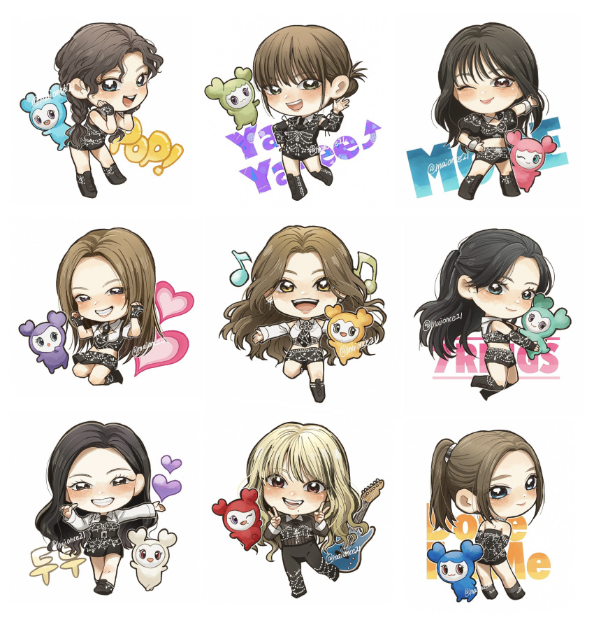 6+girls, :o, absurdres, animification, black_bustier, black_dress, black_eyes, black_footwear