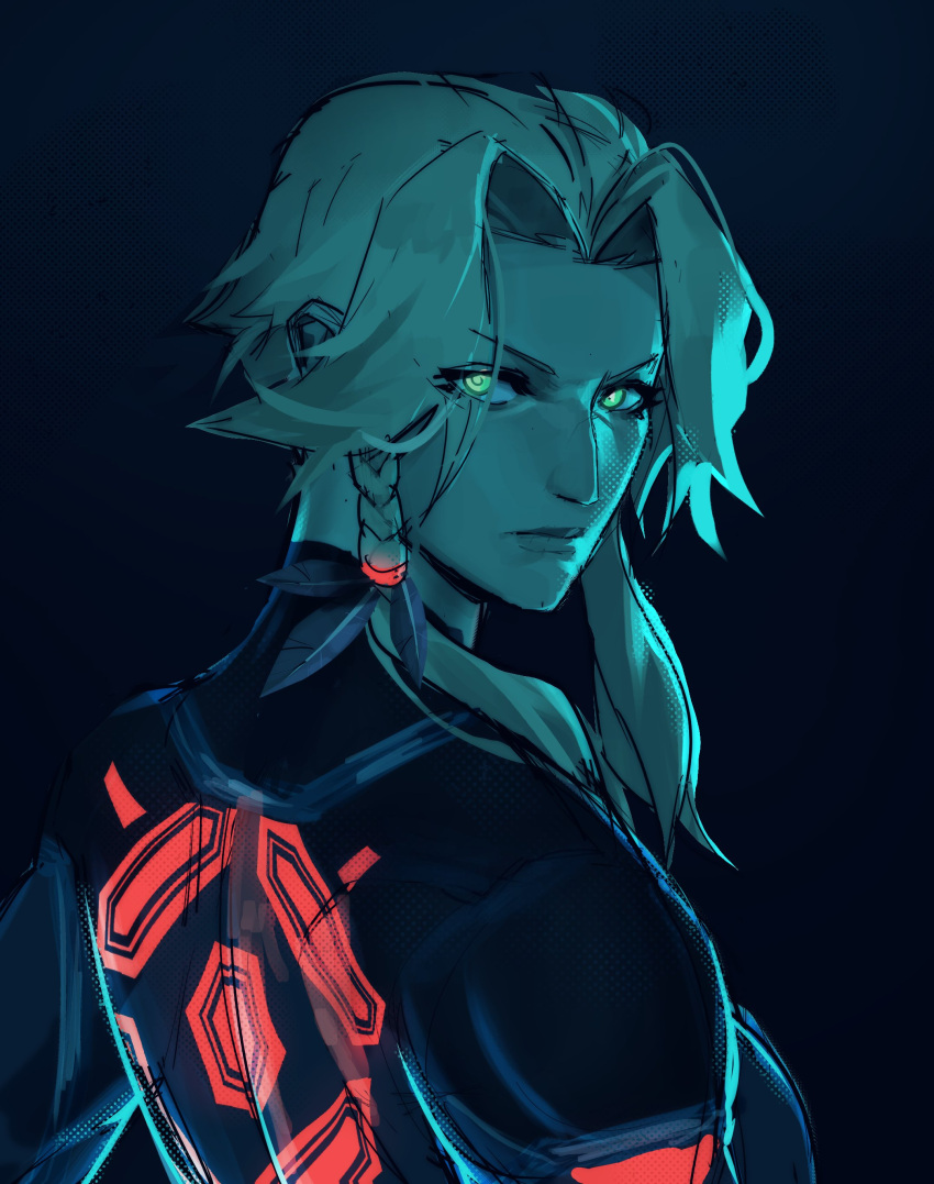 1girl, absurdres, alternate_hairstyle, ben-day_dots, blonde_hair, blue_bodysuit, blue_light, bodysuit