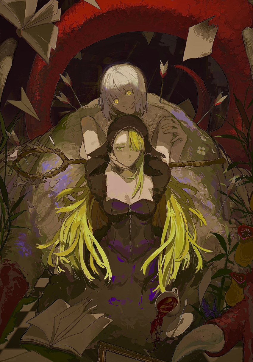 2girls, arms_behind_back, arrow_(projectile), black_dress, black_hood, blonde_hair, book, cup, dragon, dress, dungeon_meshi, falin_touden, falin_touden_(chimera), hair_over_one_eye, hashtag-only_commentary, highres, long_hair, mage_staff, marcille_donato, marcille_donato_(lord), multiple_girls, root65, short_hair, teacup, white_hair, yuri