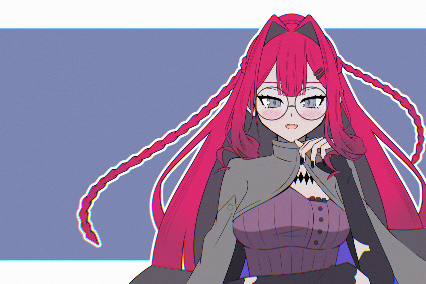 1girl, baobhan_sith_(fate), baobhan_sith_(swimsuit_pretender)_(fate), baobhan_sith_(swimsuit_pretender)_(second_ascension)_(fate), blush, braid, breasts, detached_sleeves, fang, fate/grand_order, fate_(series), glasses, grey_eyes, grey_jacket, hair_ornament, hairclip, highres, jacket, large_breasts, looking_at_viewer, open_mouth, pointy_ears, redhead, sidelocks, zazero013