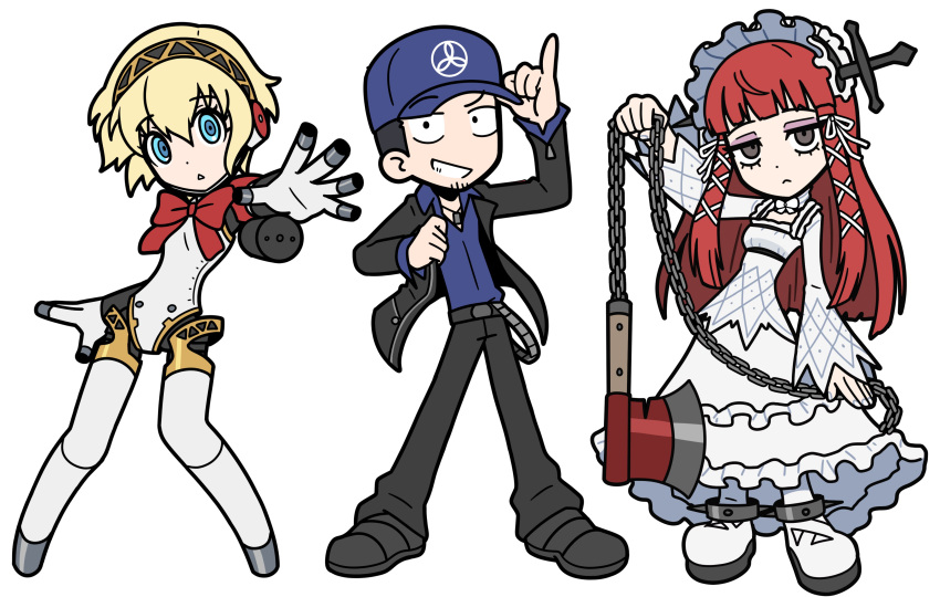 1boy, 2girls, absurdres, aegis_(persona), android, axe, baseball_cap, beard_stubble