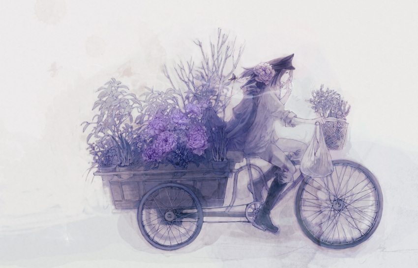 back-to-back, bicycle, boots, china_(hetalia), dual_persona, flower, genderswap, hair_flower