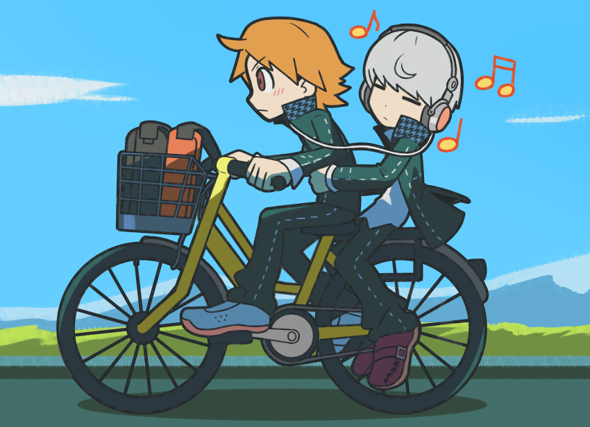2boys, absurdres, bag, bicycle, bicycle_basket, black_jacket, black_pants, brown_eyes