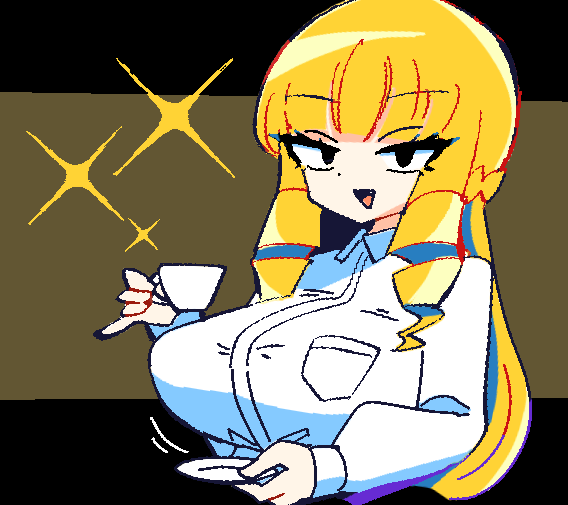 1girl, black_eyes, blonde_hair, breasts, cup, drill_hair, drill_sidelocks, eyelashes