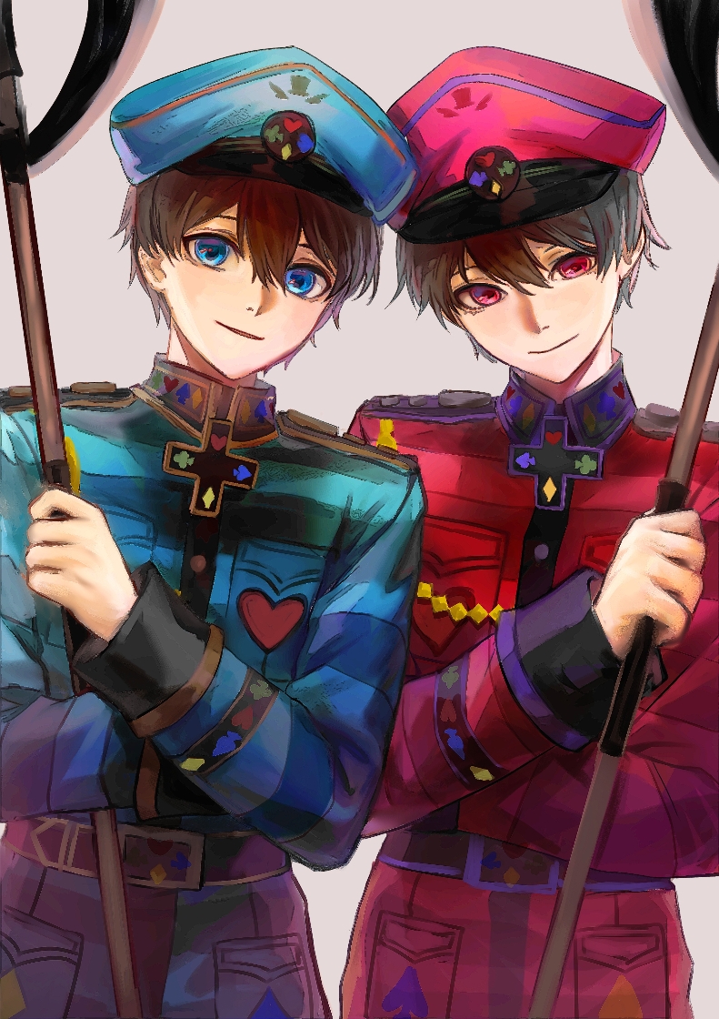2boys, belt, black_hair, blue_eyes, blue_hat, club_(shape), diamond_(shape), grey_background, gyher, hair_between_eyes, hat, heart, heart_no_kuni_no_alice, holding, holding_staff, jacket, looking_at_viewer, male_focus, military_uniform, multiple_boys, parted_lips, red_eyes, red_hat, siblings, spade_(shape), staff, tweedle_dee_(kuni_no_alice), tweedle_dum_(kuni_no_alice), twins, uniform