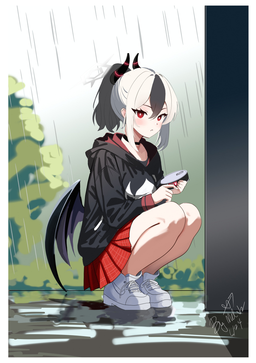 1girl, absurdres, black_hair, black_horns, black_jacket, blue_archive, commentary, commentary_request