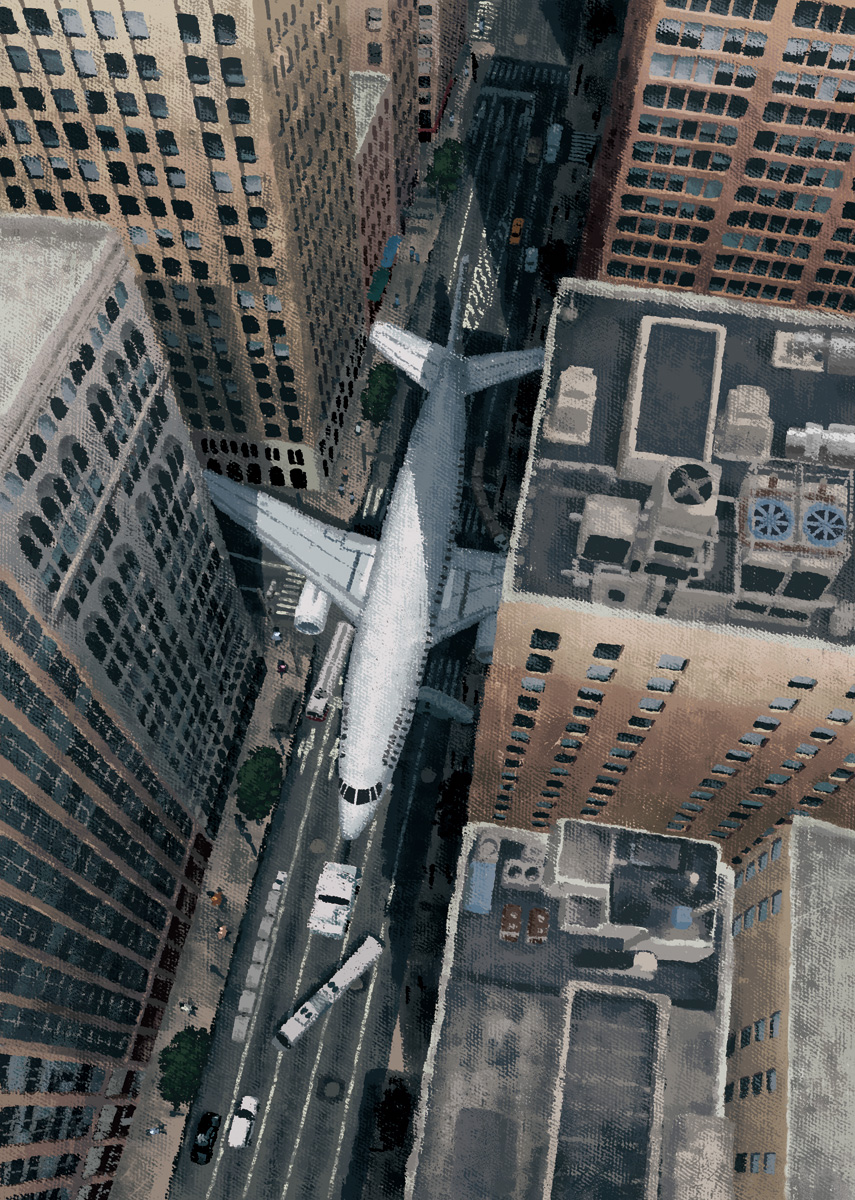 aircraft, airplane, building, bush, car, city, commentary_request, from_above, highres, intersection, motor_vehicle, no_humans, original, outdoors, people, road, sadajiro, scenery, skyscraper, truck, urban, window