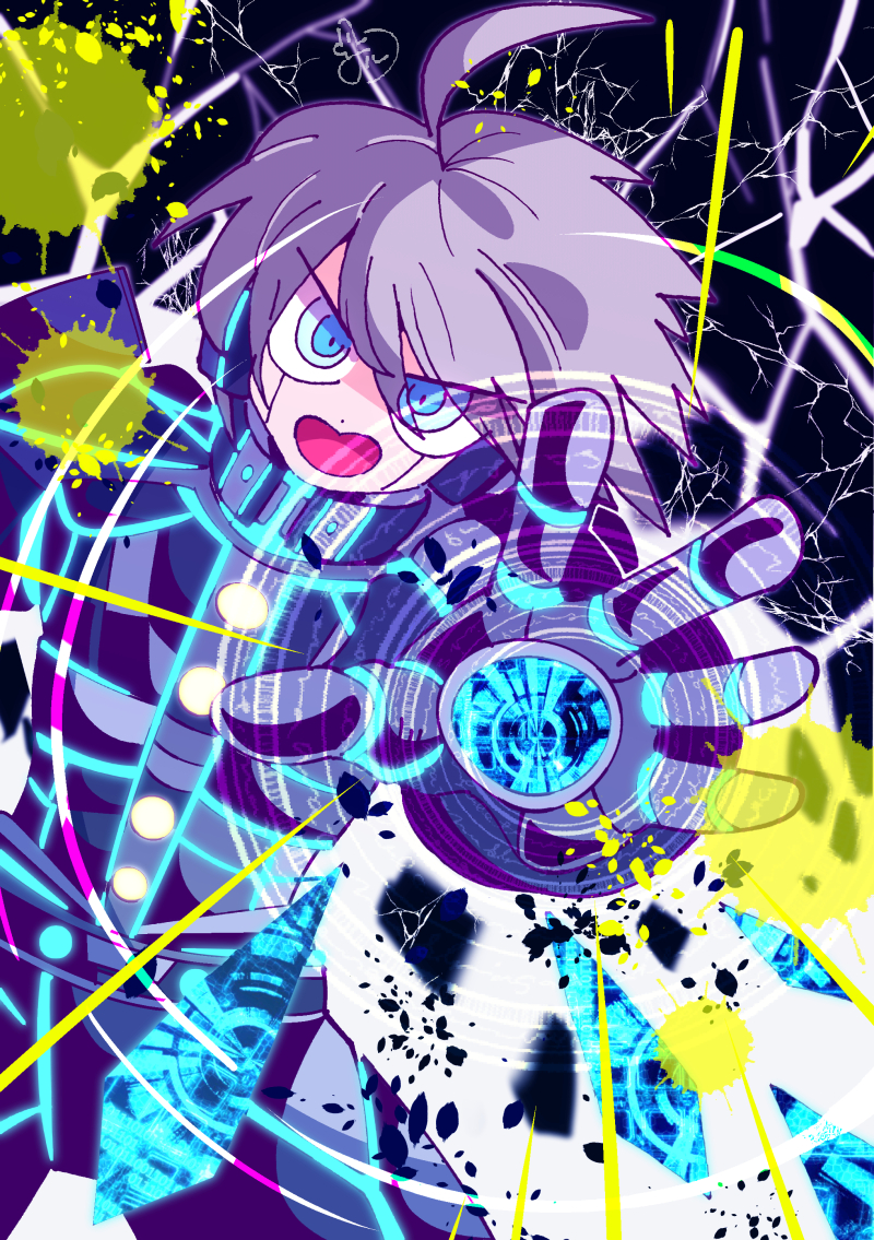 1boy, ahirumamire, ahoge, android, armor, blue_eyes, danganronpa_(series), danganronpa_v3:_killing_harmony, dot_nose, electricity, grey_hair, grey_pants, hair_between_eyes, k1-b0, looking_at_viewer, male_focus, open_mouth, pants, power_armor, short_hair, signature, solo, splatter