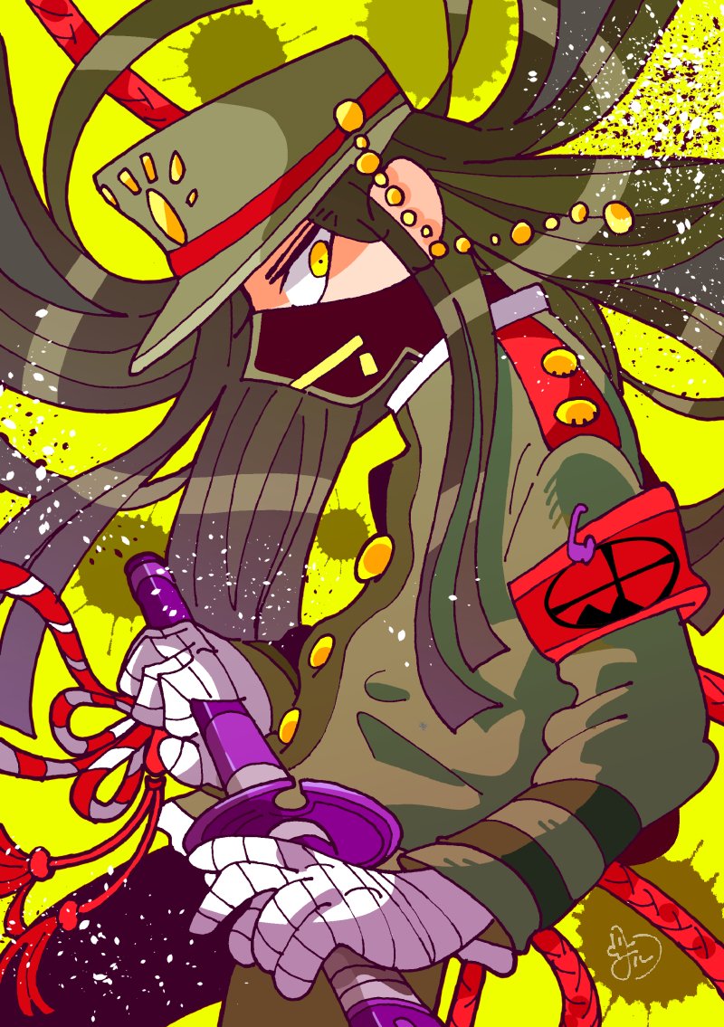 1boy, ahirumamire, armband, bandaged_hand, bandages, black_hair, black_mask, brown_pants