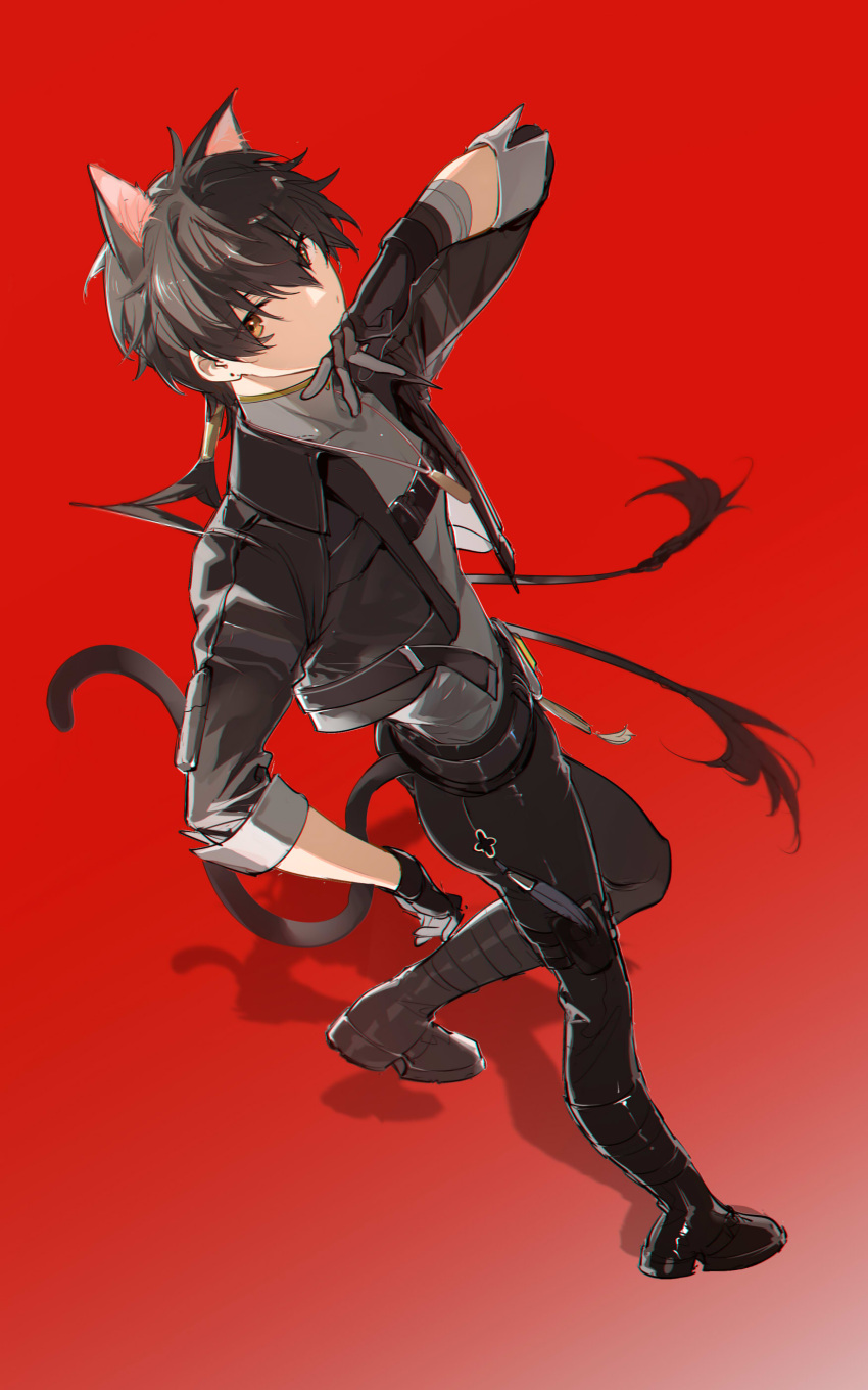 1boy, absurdres, animal_ears, black_footwear, black_gloves, black_hair, black_jacket, black_pants