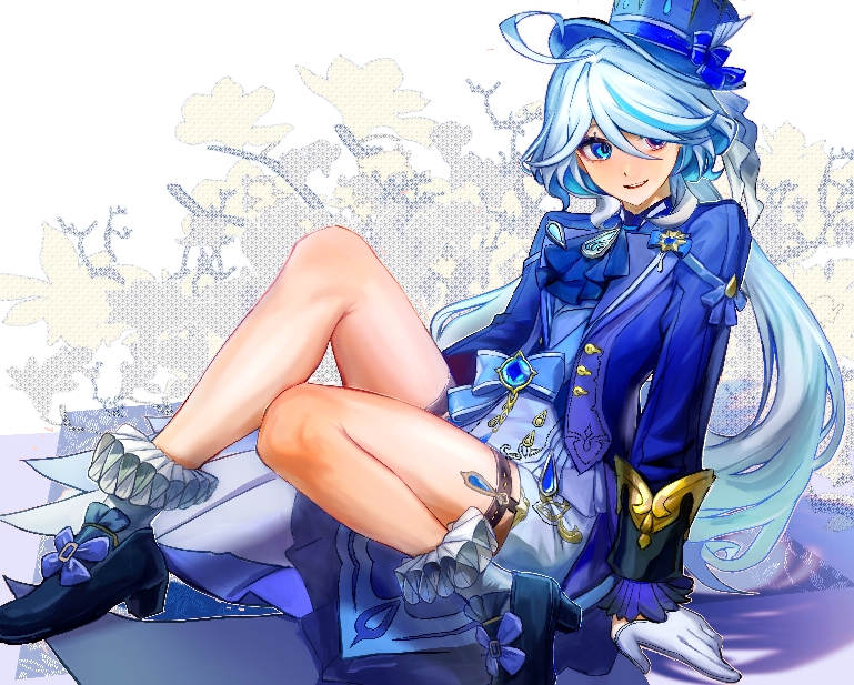 1girl, ahoge, arm_support, black_footwear, blue_eyes, blue_hat, blue_jacket, furina_(genshin_impact), genshin_impact, gyher, hair_between_eyes, hat, high_heels, jacket, long_hair, looking_at_viewer, parted_lips, sitting, socks, solo, very_long_hair, white_hair, white_socks