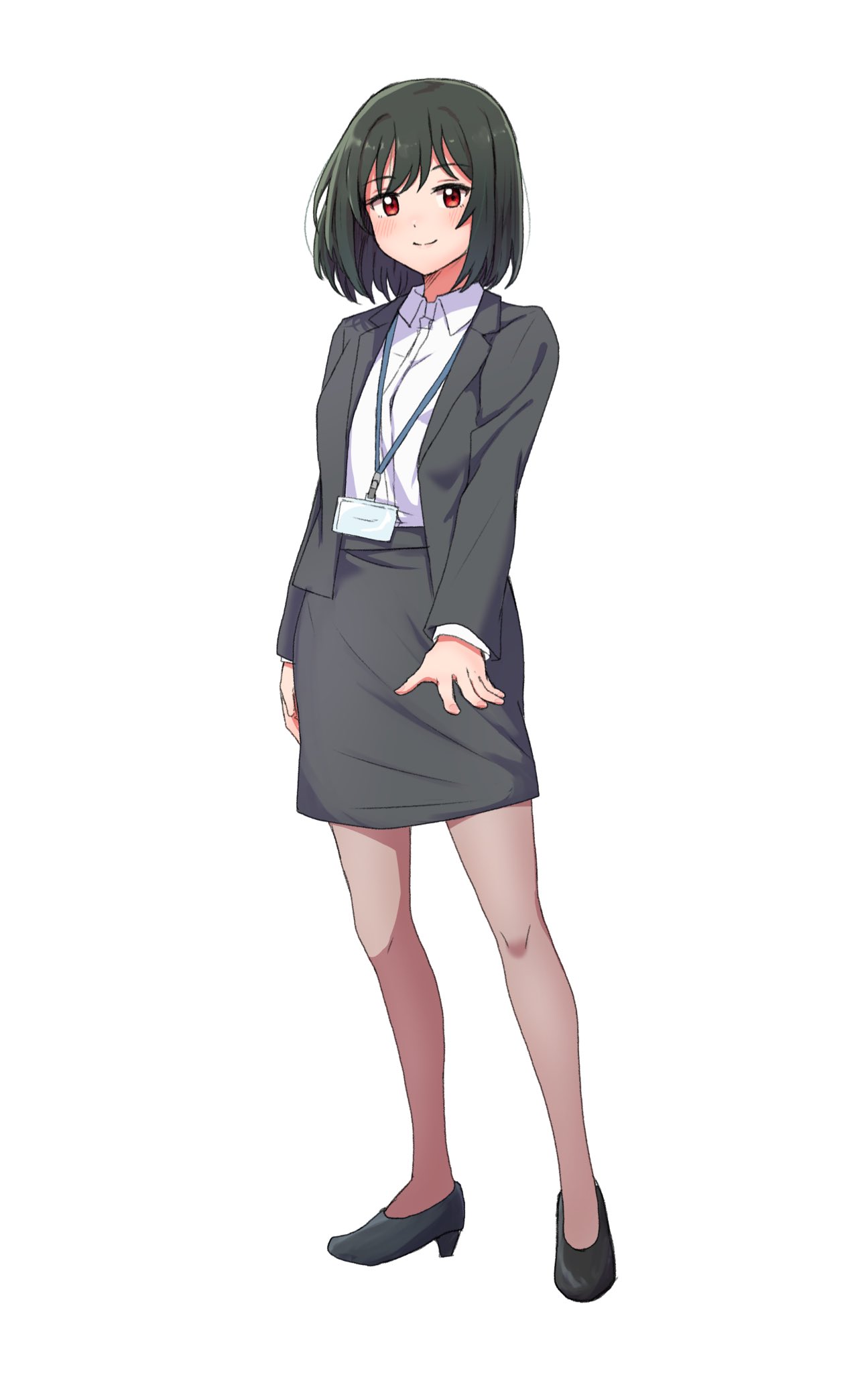 1girl, black_footwear, black_hair, black_jacket, black_skirt, closed_mouth, collared_shirt, full_body