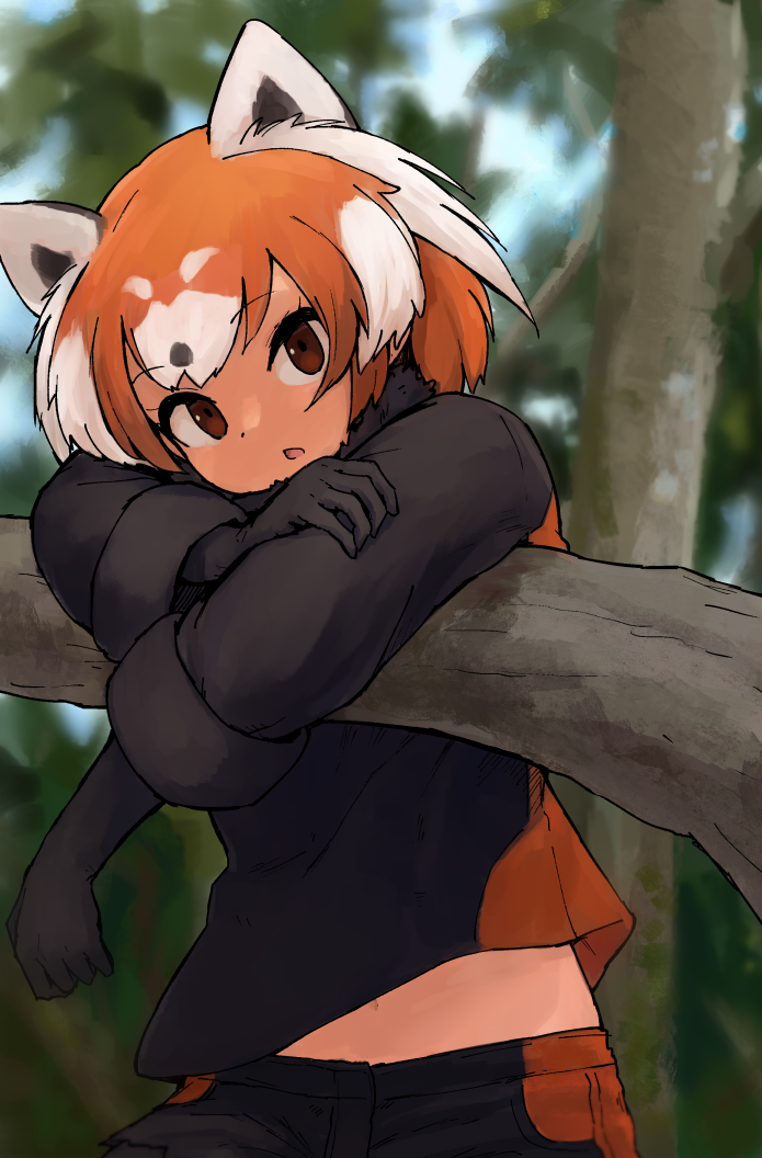 1girl, black_gloves, brown_eyes, commentary_request, day, extra_ears, forest, fur_collar