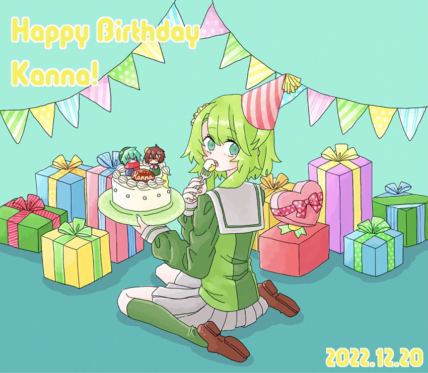 1girl, blue_eyes, box, cake, dated, eating, food, fork