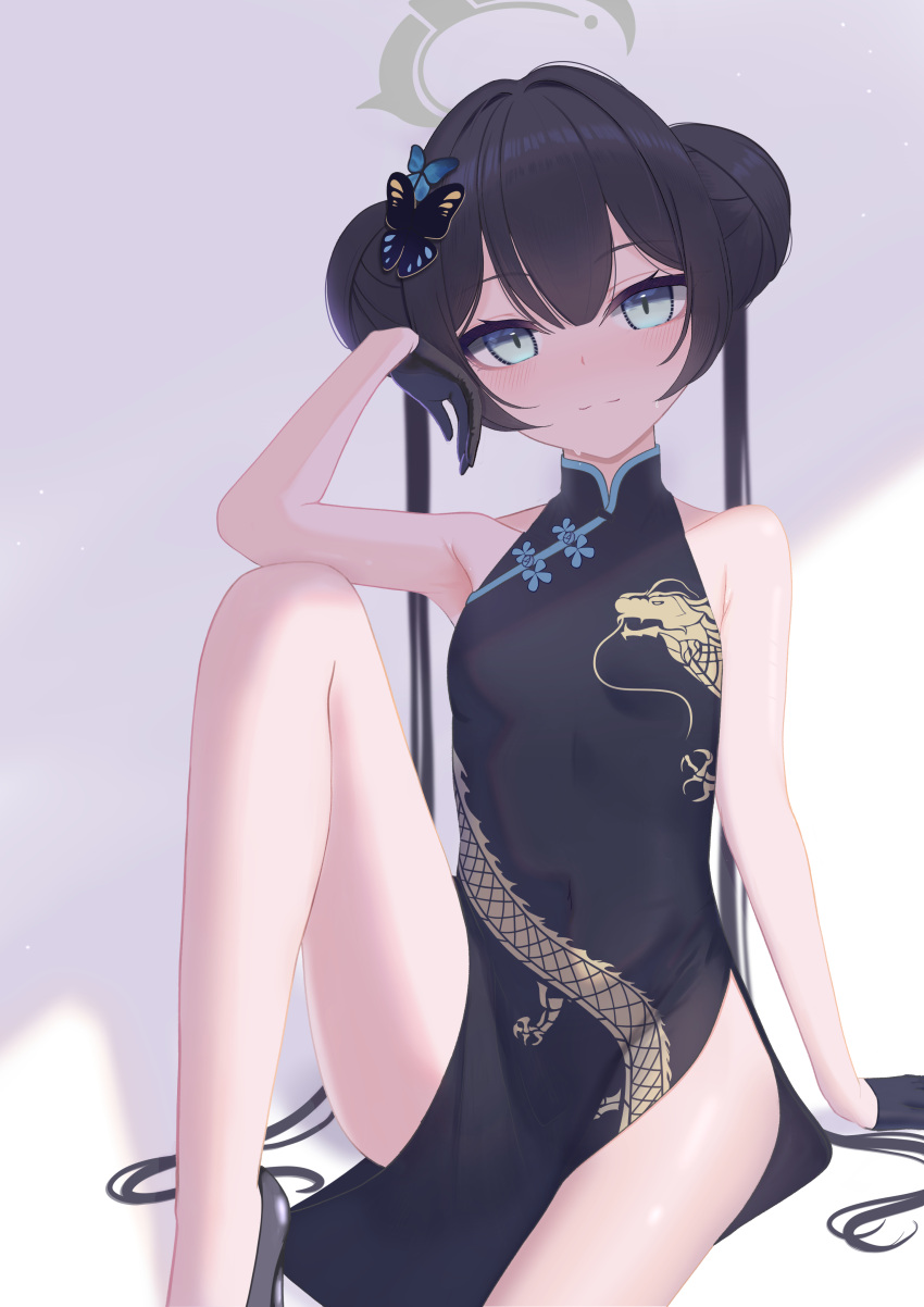 1girl, absurdres, black_dress, black_gloves, black_hair, blue_archive, blush, breasts, butterfly_hair_ornament, china_dress, chinese_clothes, covered_navel, double_bun, dragon_print, dress, gloves, grey_eyes, grey_halo, hair_bun, hair_ornament, halo, highres, kisaki_(blue_archive), leg_up, long_hair, looking_at_viewer, mi7t0, pelvic_curtain, print_dress, shadow, sitting, sleeveless, sleeveless_dress, small_breasts, solo, sweat, twintails, white_background