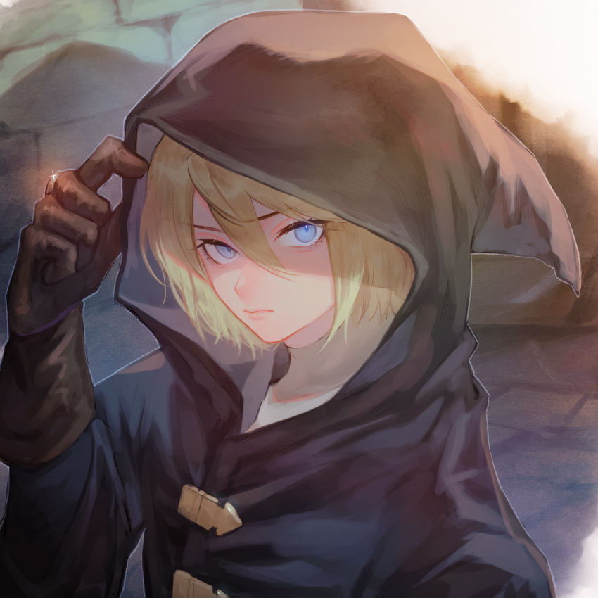 1boy, auch_(unicorn_overlord), bishounen, black_robe, blonde_hair, blue_eyes, brown_gloves, closed_mouth, commentary_request, eyelashes, fantasy, gloves, hair_between_eyes, highres, hood, hood_up, hooded_robe, jewelry, looking_at_viewer, male_focus, ring, robe, solo, stone_wall, unicorn_overlord, upper_body, yatyou6666