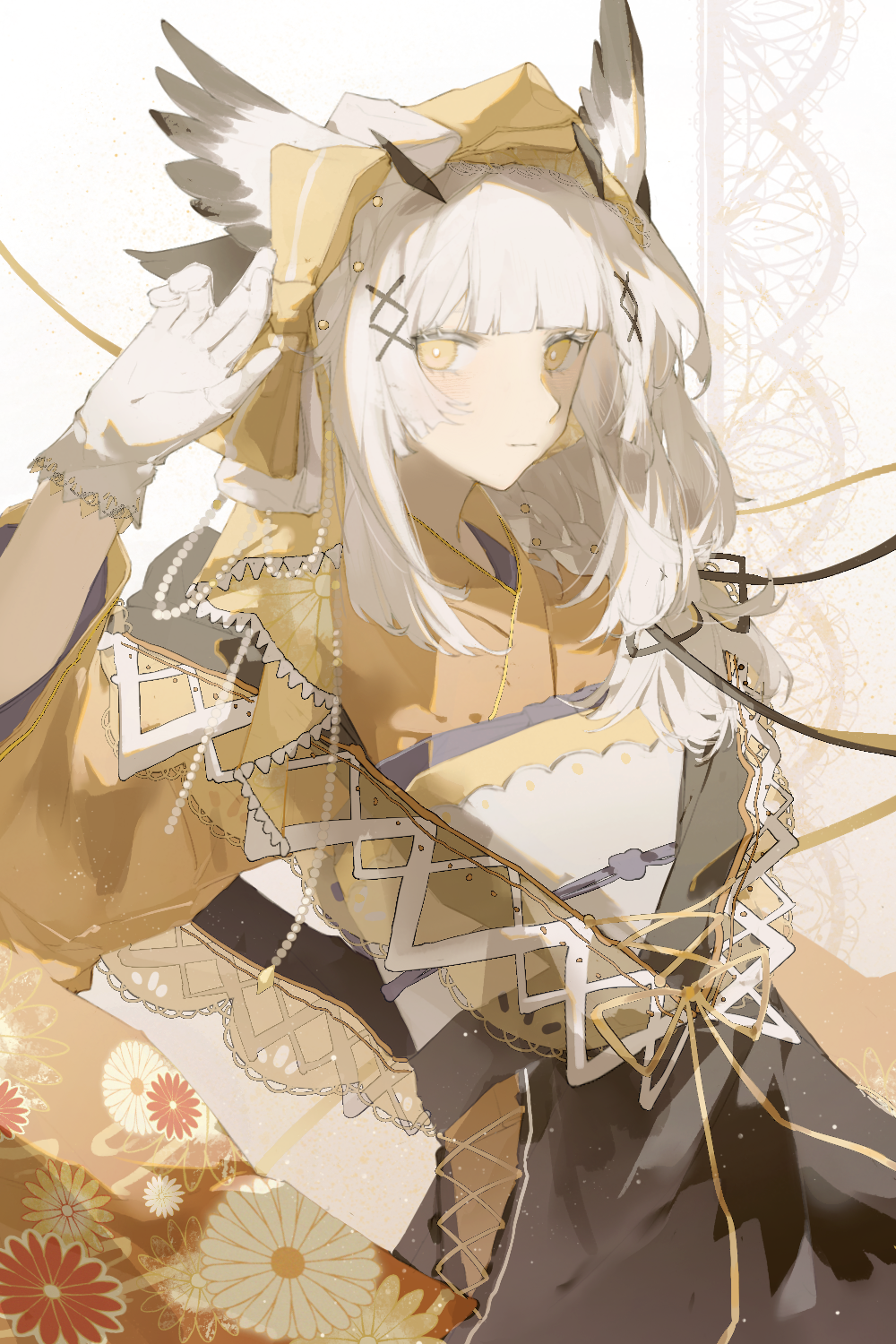 1girl, aiou_huayuye, alternate_costume, arknights, bright_pupils, clothing_request, expressionless, floral_print, gloves, gradient_background, hair_ornament, hair_wings, highres, looking_at_viewer, obi, procreate_(medium), ptilopsis_(arknights), ribbon, sash, simple_background, solo, white_background, white_gloves, white_hair, white_pupils, yellow_eyes