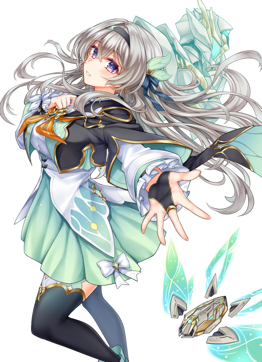 1girl, absurdres, armor, black_hairband, black_jacket, black_thighhighs, breasts, cropped_hair